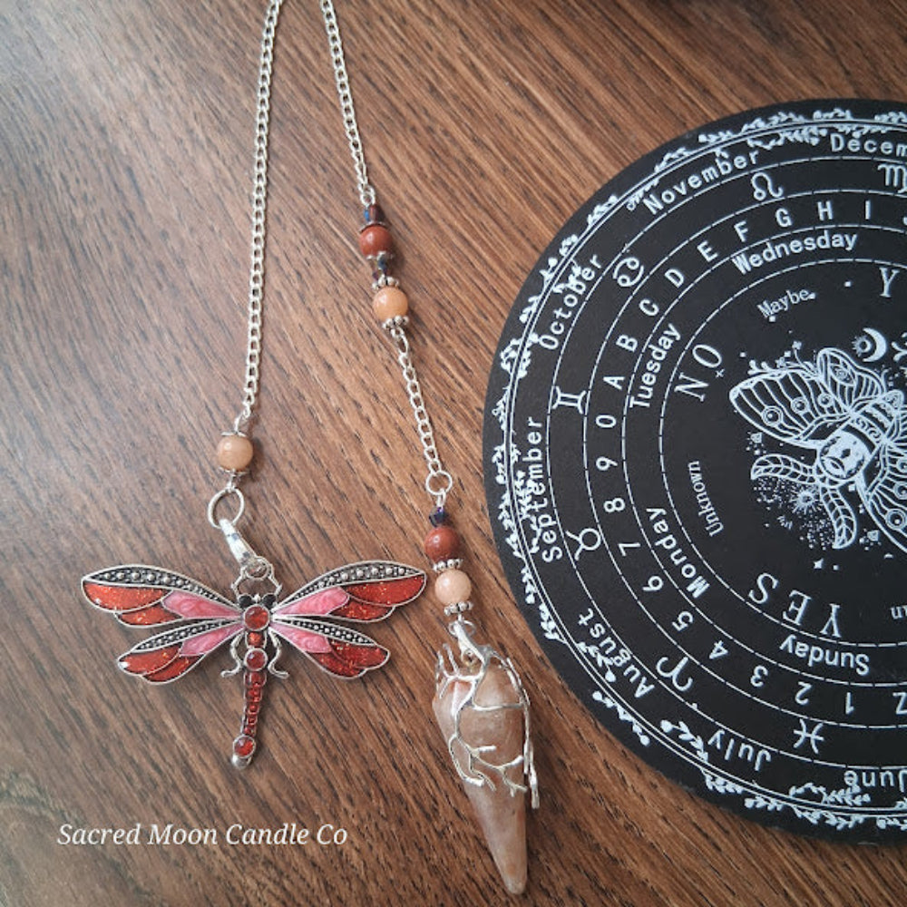 Sunstone dragonfly pendulum for divination with red dragonfly charm and beaded chain by Sacred Moon Candle Co