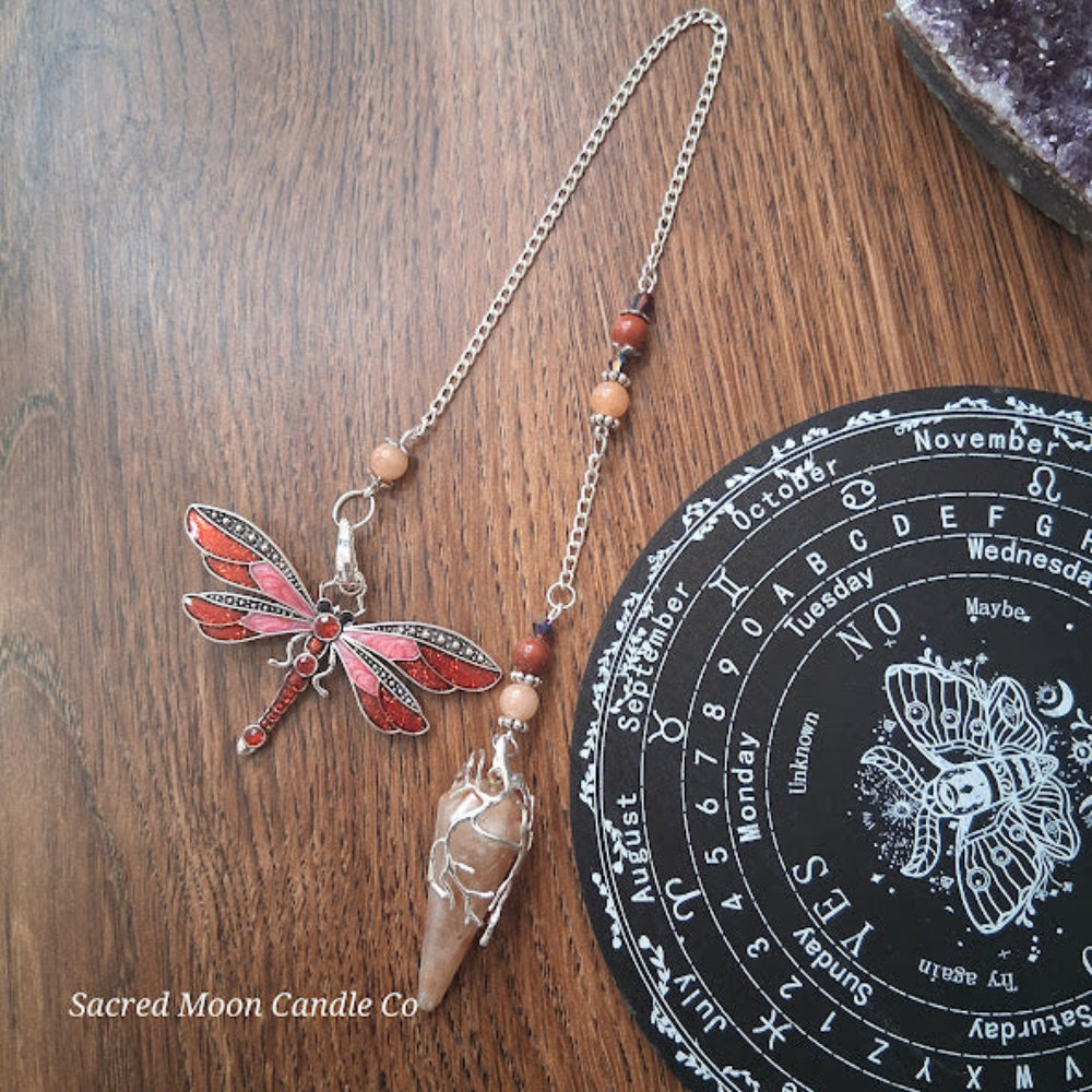 Sunstone dragonfly pendulum for divination with silver chain and polished stone by Sacred Moon Candle Co