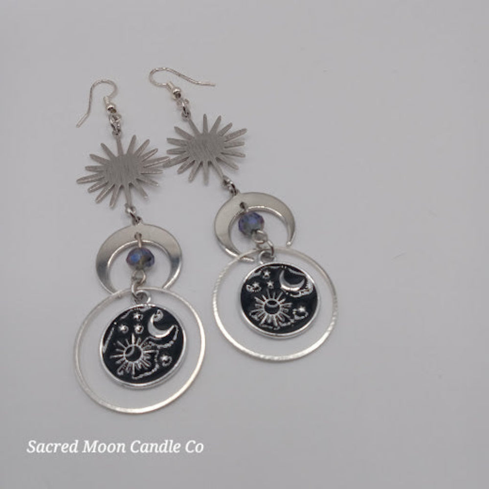 Sacred Moon Candle Co silver celestial earrings for women with sun and moon charm design