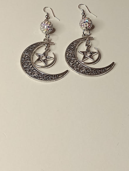 Sacred Moon Candle Co witchy pentacle moon silver crescent moon and star earrings with sparkling beads