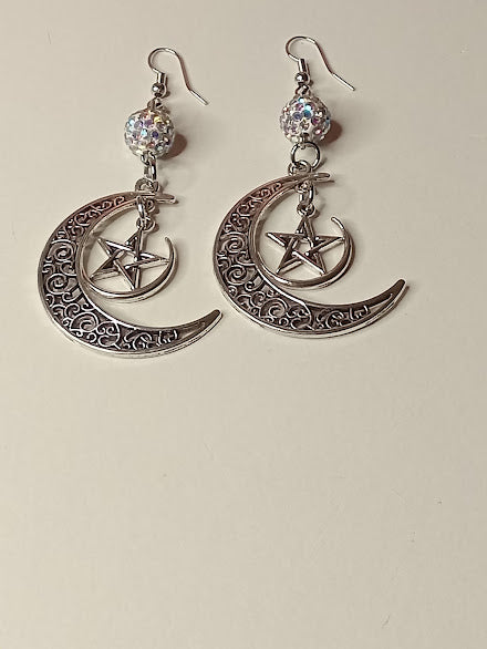 Sacred Moon Candle Co witchy pentacle moon silver crescent moon earrings with crystal bead