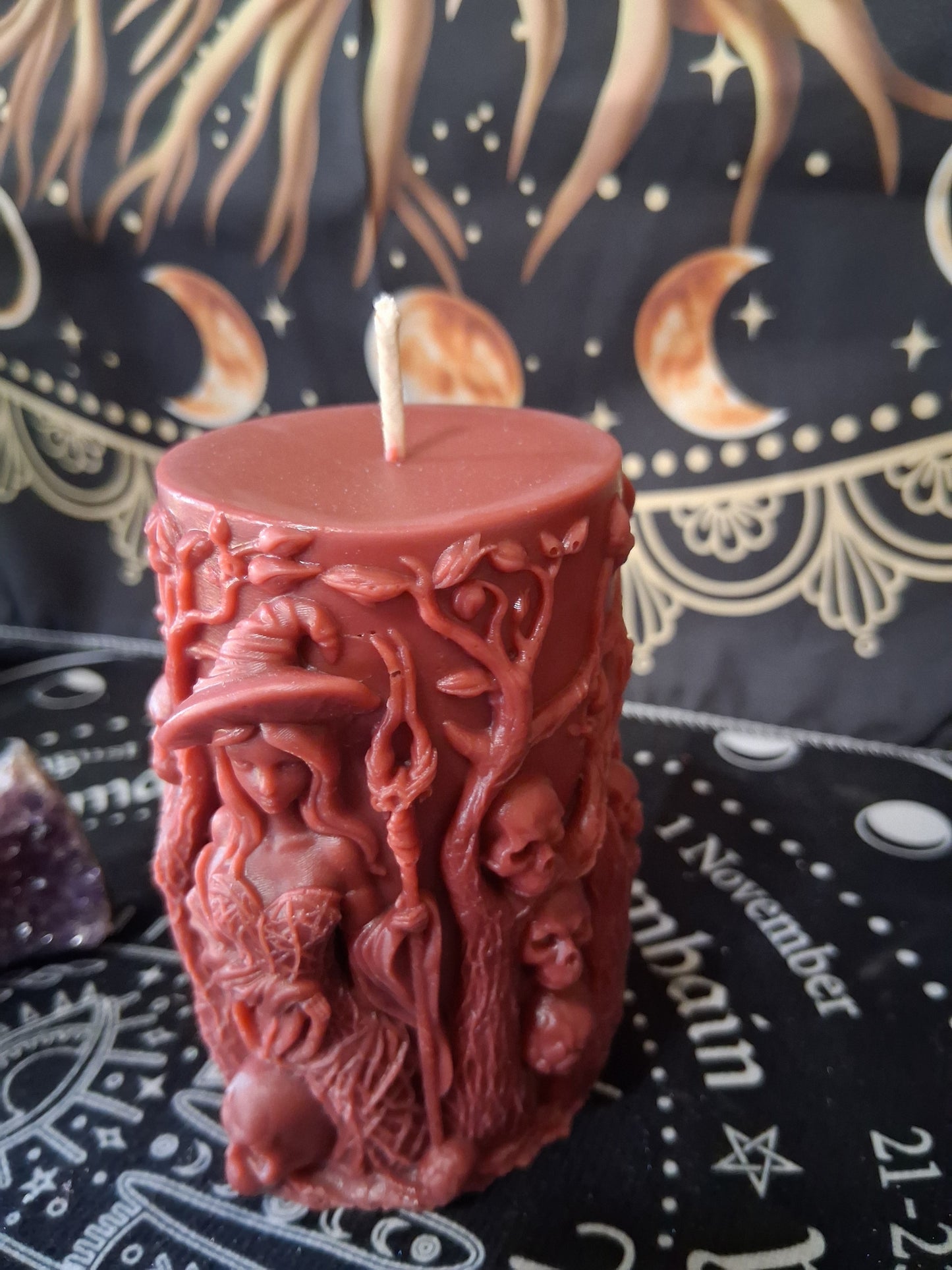 Siren's Blossom scented witch pillar candle by Sacred Moon Candle Co with detailed mystical design