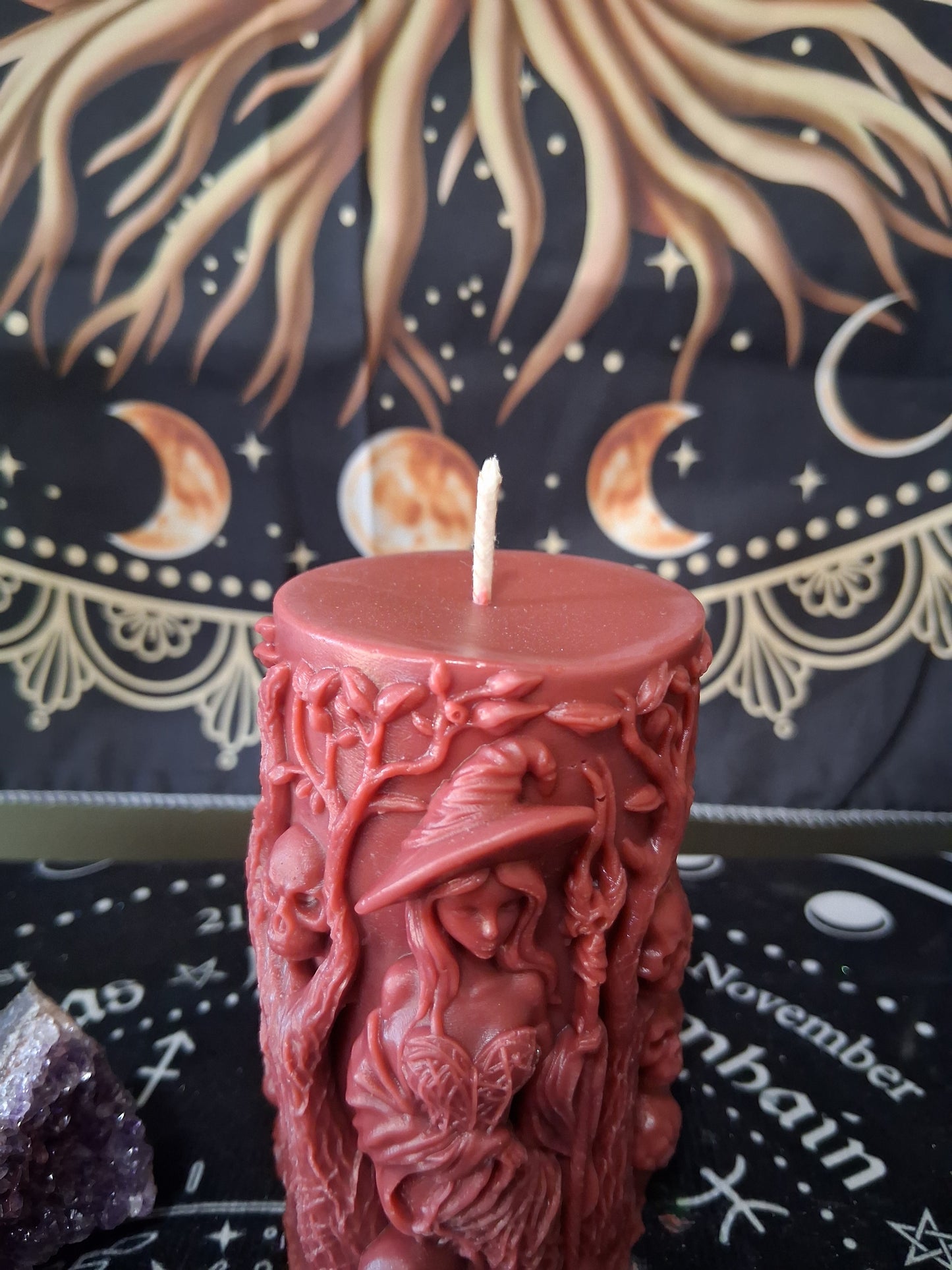 Siren's Blossom scented witch pillar candle by Sacred Moon Candle Co with detailed witch design
