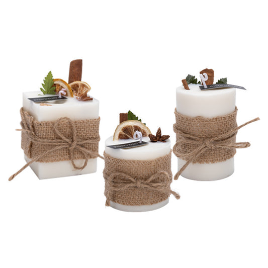 Set of three smokeless scented candles wrapped in burlap with natural spice and herb decorations