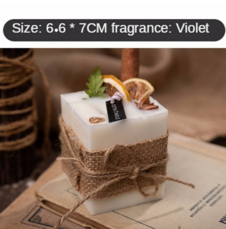 Sacred Moon Candle Co square violet scented candle wrapped in burlap with dried fruit decoration smokeless scented candles