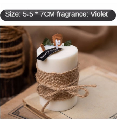 Sacred Moon Candle Co smokeless scented candles violet fragrance white candle wrapped with burlap and twine