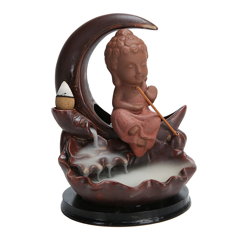 Tathagata spiritual altar decor incense holder with Buddha figure playing flute on crescent moon