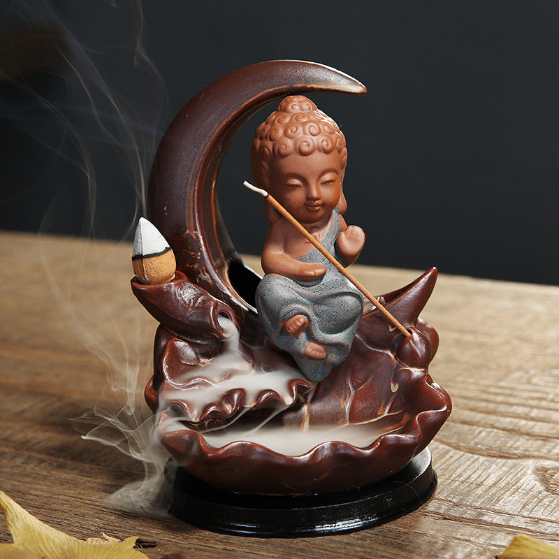 Tathagata spiritual altar decor incense burner with sitting Buddha and crescent moon design