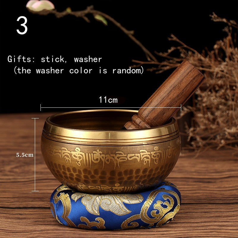 Sacred Moon Candle Co Tibetan Buddha mantra bowl with wooden stick and blue ornamental cushion
