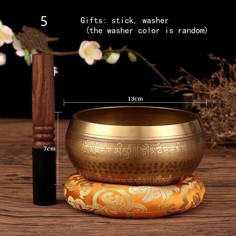 Tibetan Buddha mantra bowl with wooden stick and decorative cushion altar tool from Sacred Moon Candle Co