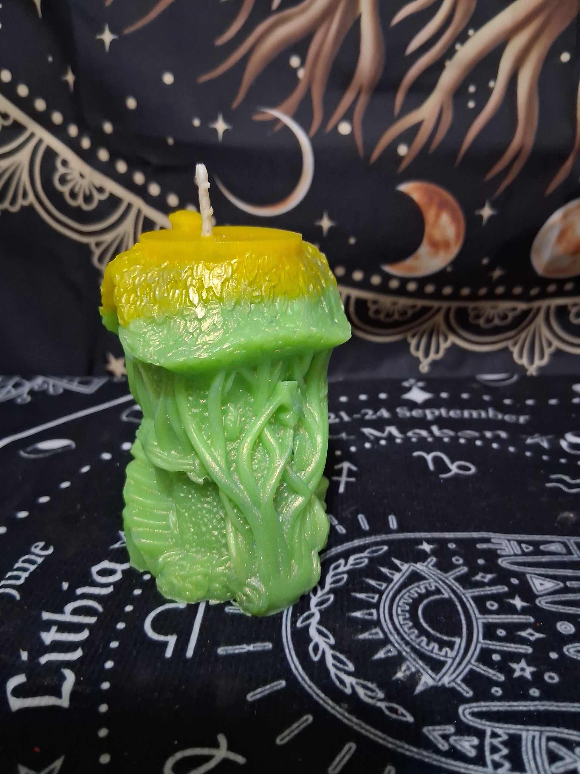 Citrus Canopy Hidaway Treehouse Candle by Sacred Moon Candle Co with green and yellow intricate treehouse design