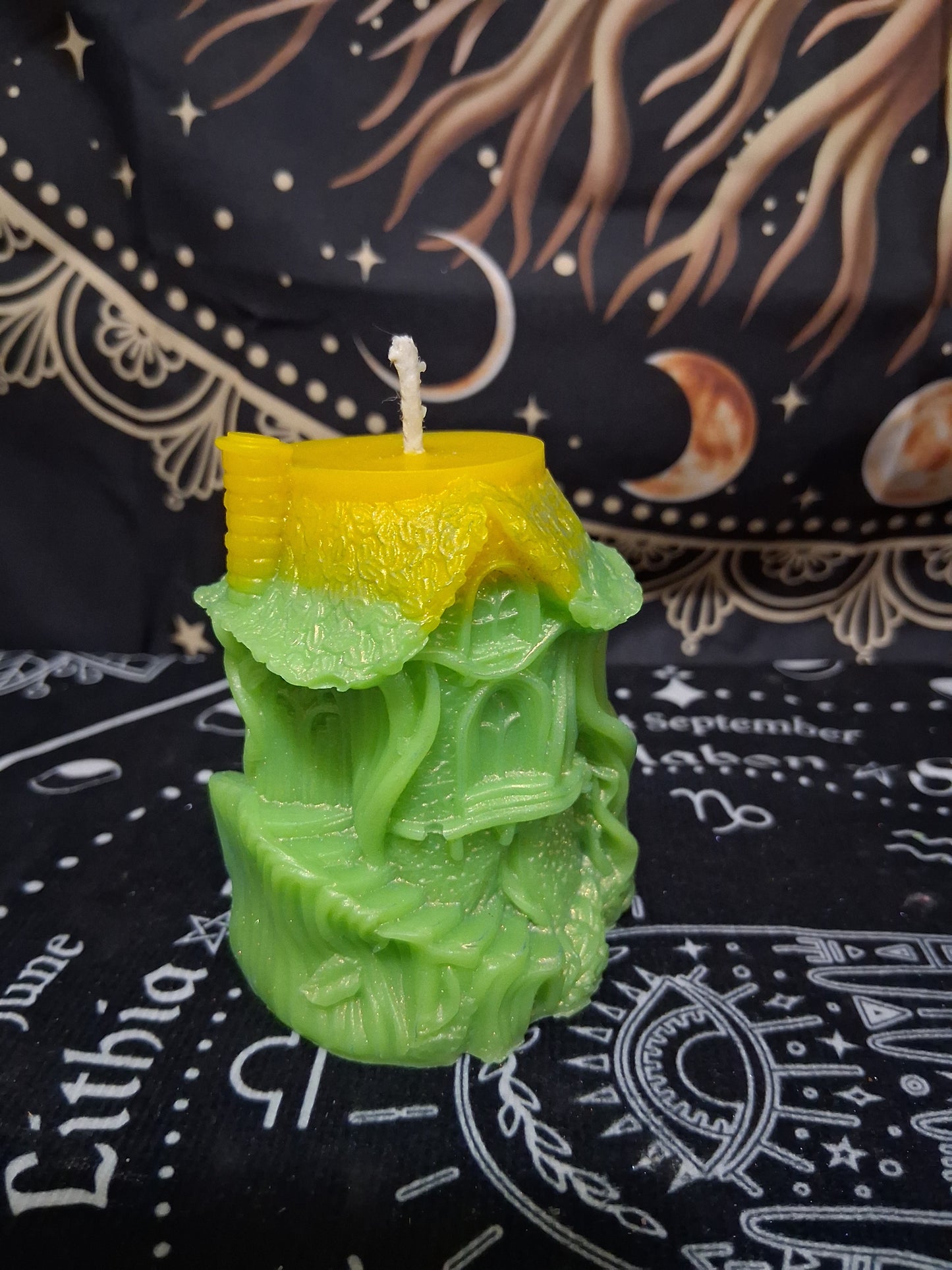 Sacred Moon Candle Co Citrus Canopy Hidaway Treehouse Candle green and yellow detailed treehouse design