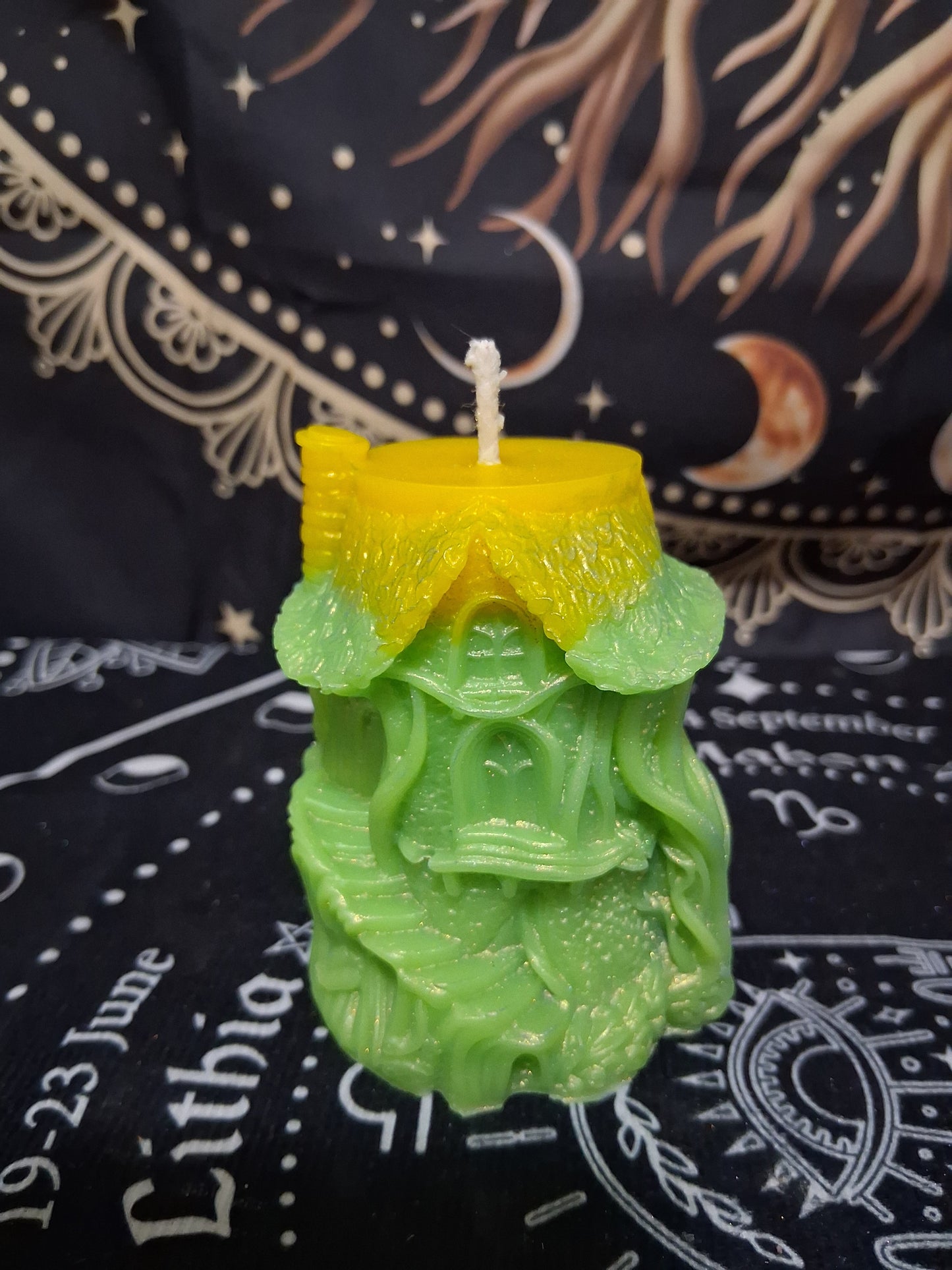 Sacred Moon Candle Co Citrus Canopy Hidaway Treehouse Candle with green and yellow detailed design