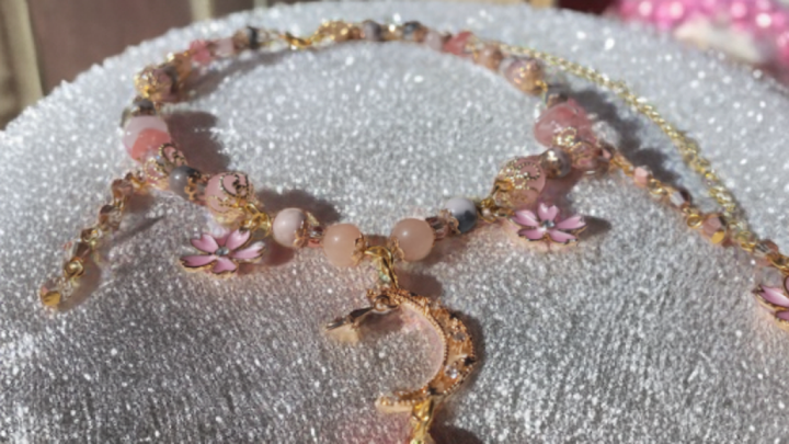 Sacred Moon Candle Co sakura blossom moon choker with pink beads and crescent moon pendant