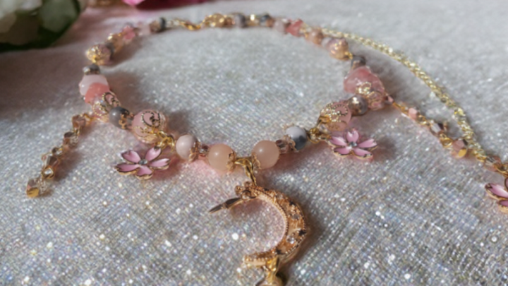 Sakura blossom moon choker necklace with pink beads and gold crescent moon pendant by Sacred Moon Candle Co