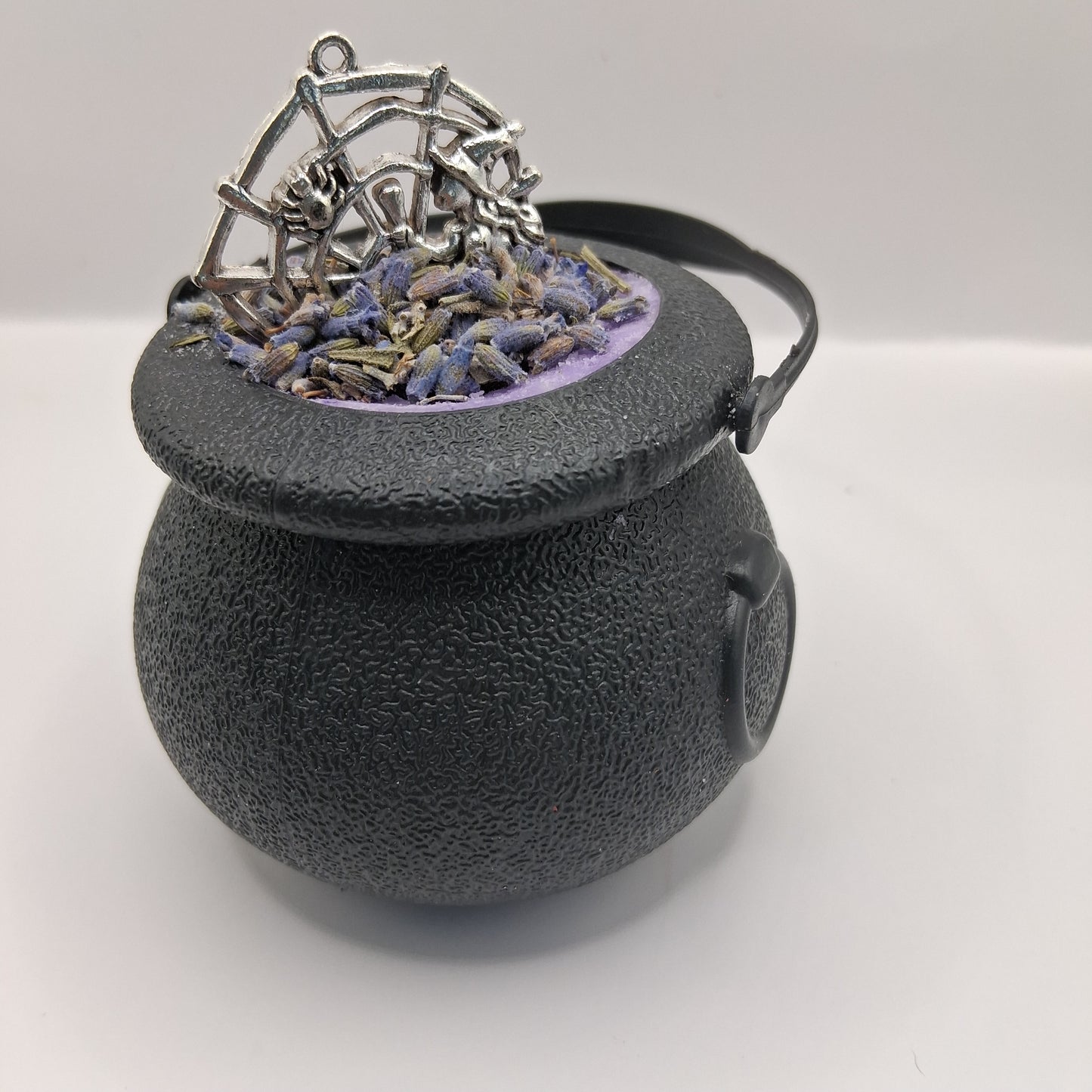 Sacred Moon Candle Co Witches Brew Mini Cauldron Bathbombs with lavender and decorative silver spider web charm