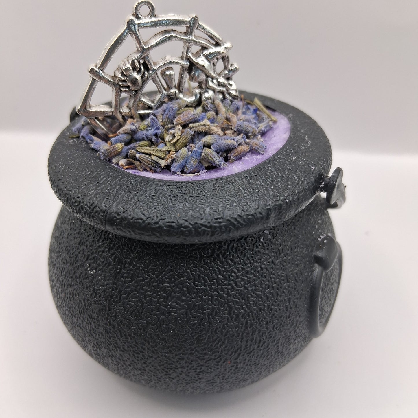 Witches Brew Mini Cauldron Bathbombs by Sacred Moon Candle Co with lavender and silver spiderweb charm
