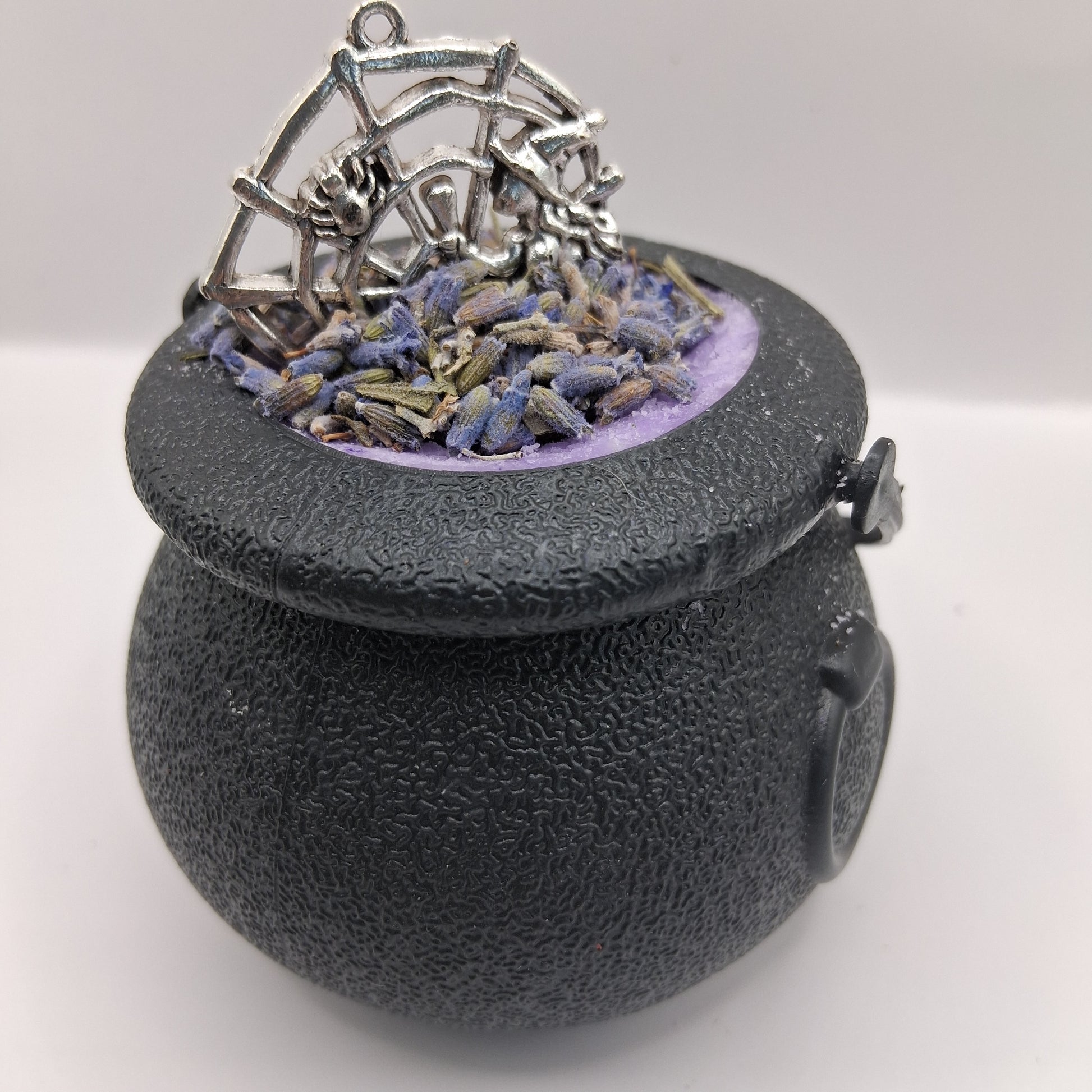 Witches Brew Mini Cauldron Bathbombs by Sacred Moon Candle Co with lavender and silver spiderweb charm