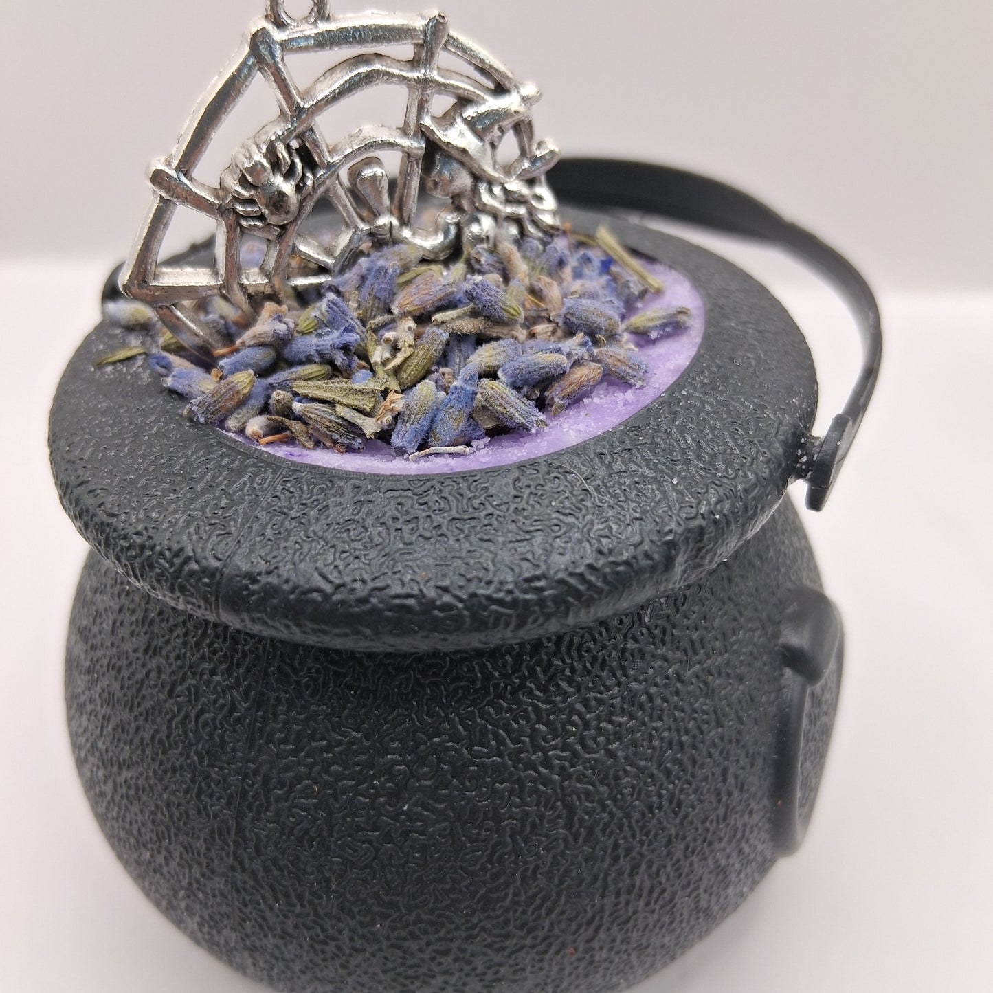 Sacred Moon Candle Co Witches Brew Mini Cauldron Bathbombs with lavender and spider web decoration