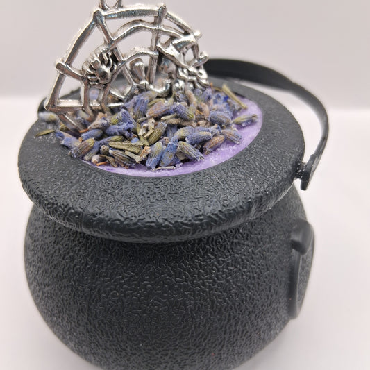 Sacred Moon Candle Co Witches Brew Mini Cauldron Bathbombs with lavender and spider web decoration