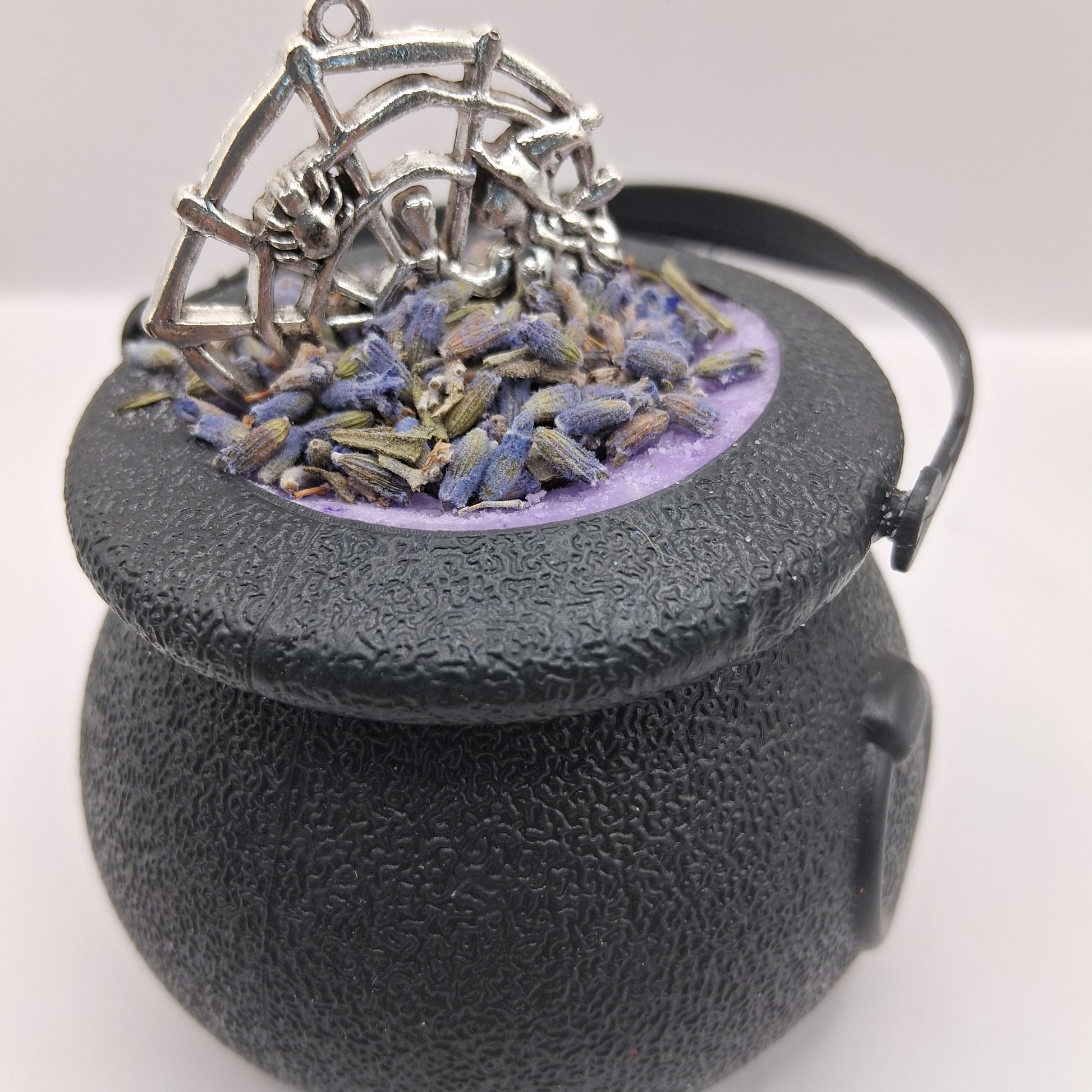 Sacred Moon Candle Co Witches Brew Mini Cauldron Bathbombs with dried lavender and decorative silver charm