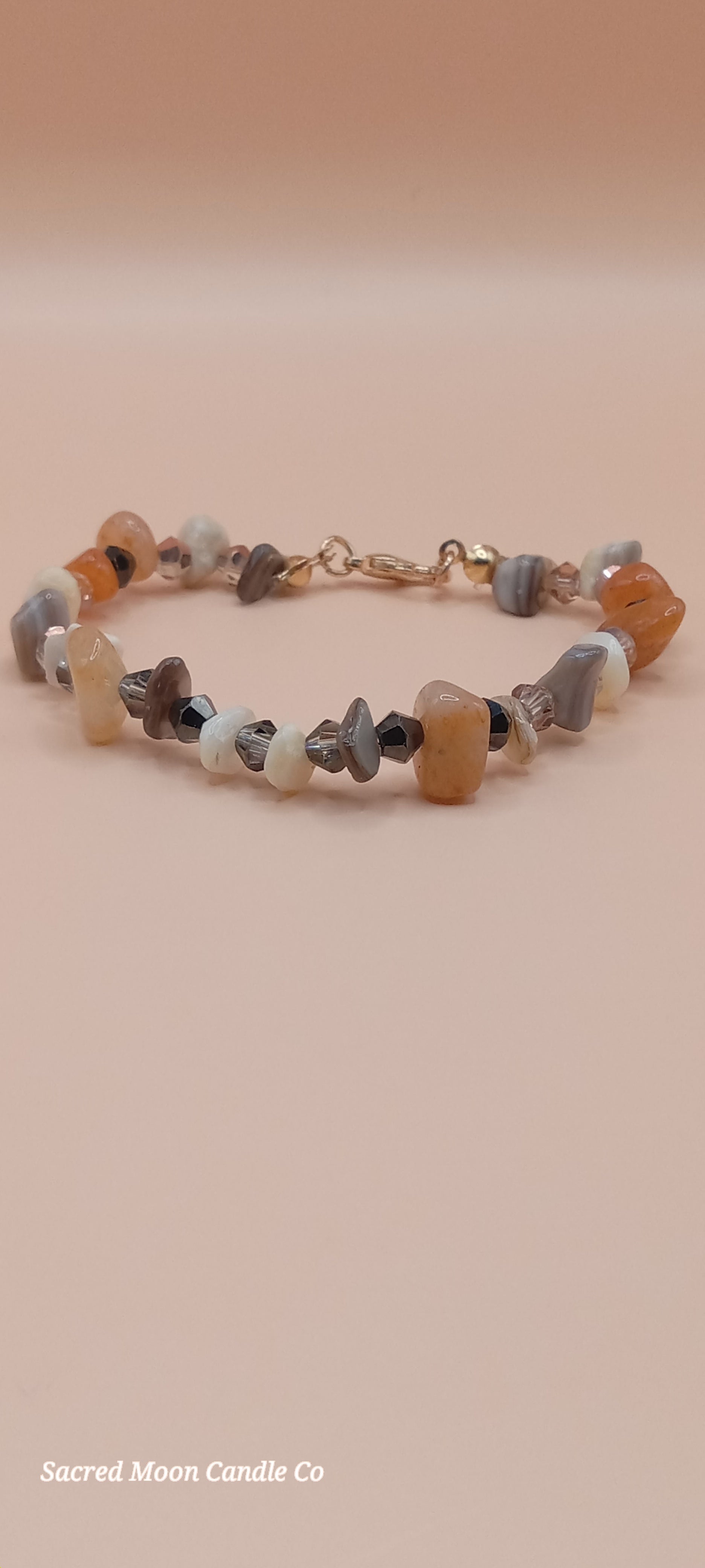 Sacred Moon Candle Co witchy cat charm bracelet with mixed natural stone beads and gold clasp