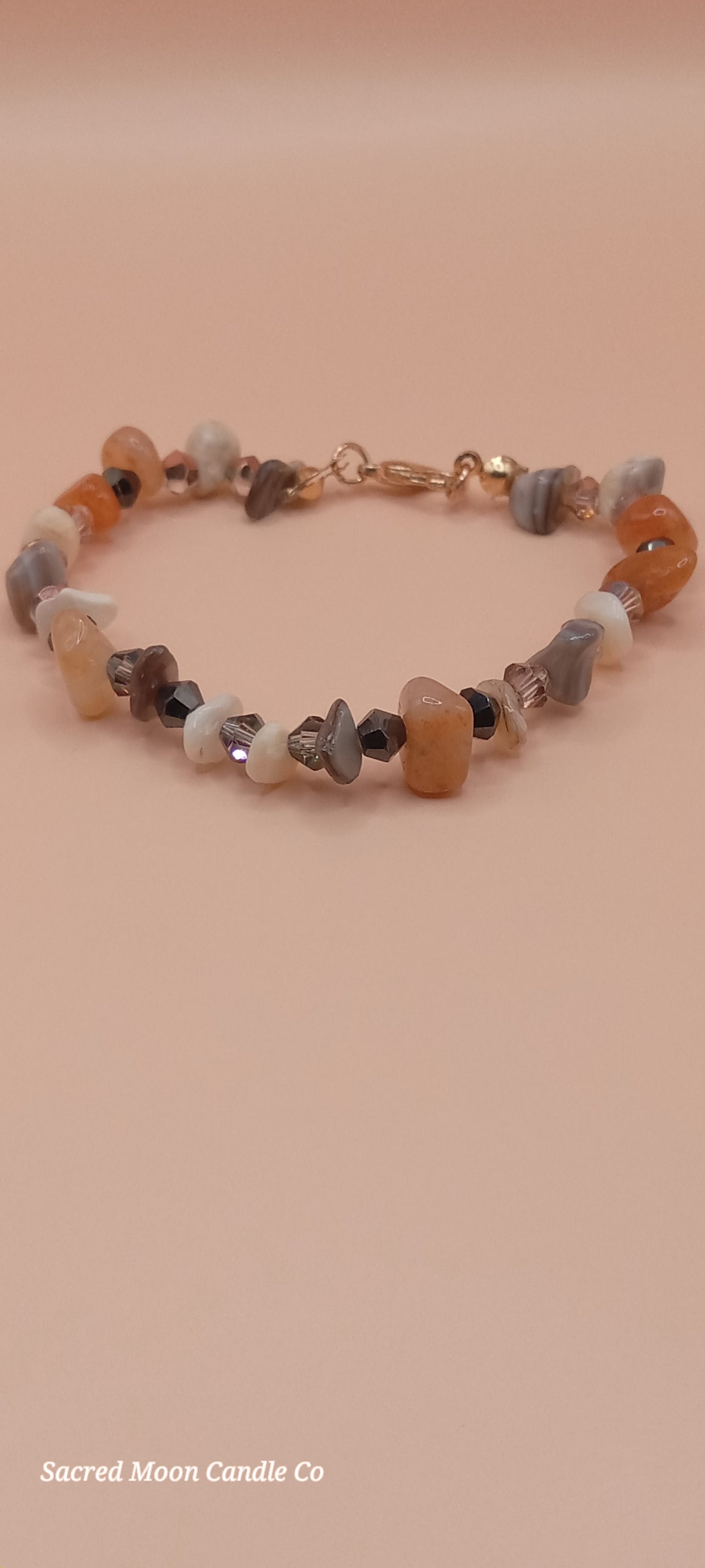 Sacred Moon Candle Co witchy cat charm bracelet with natural stone beads and gold clasp