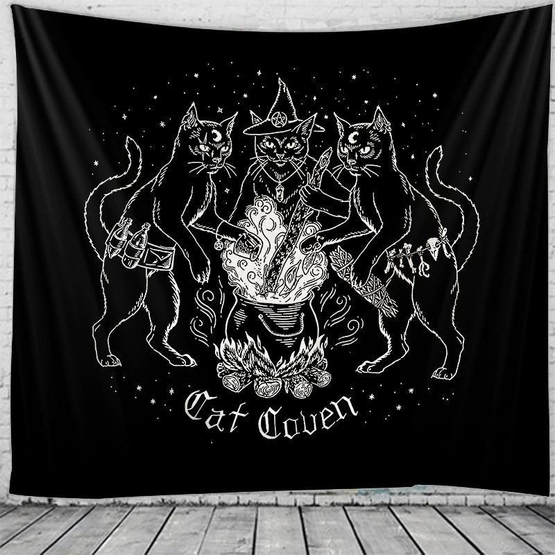 Witchy cat tapestry by Sacred Moon Candle Co featuring three black cats around a cauldron with magical symbols