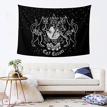Sacred Moon Candle Co witchy cat tapestry featuring three mystical cats in a night sky setting above white couch