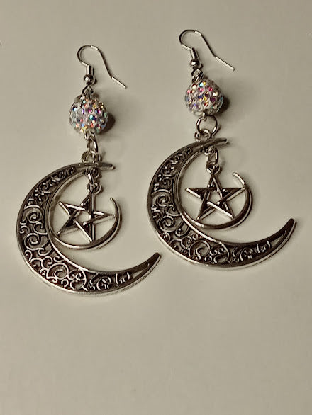Sacred Moon Candle Co witchy pentacle moon earrings with crescent moon and pentacle charm