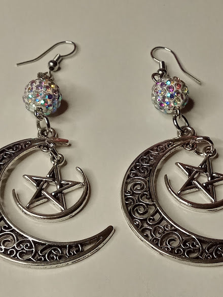 Silver witchy pentacle moon earrings with crescent moon and pentacle charm and sparkling bead