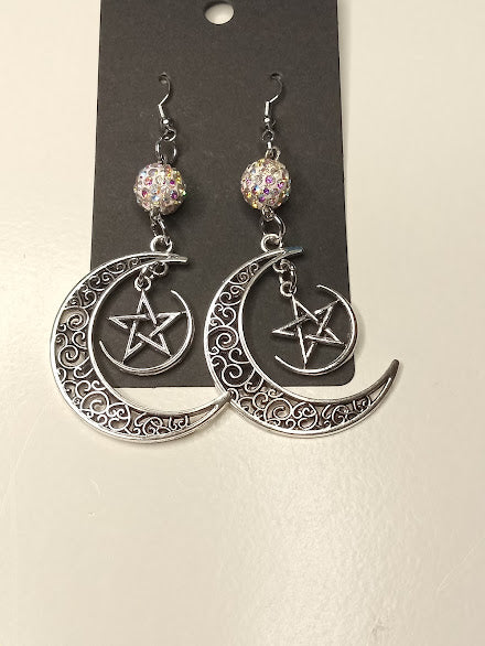 Sacred Moon Candle Co witchy pentacle moon earrings with crescent moon and star charm design