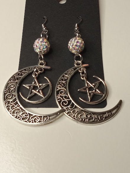 Sacred Moon Candle Co witchy pentacle moon silver crescent moon earrings with crystal bead accents