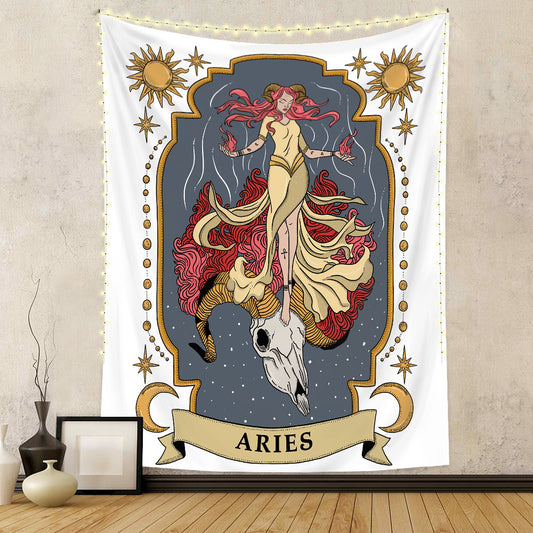 Zodiac tapestry wall hanging featuring Aries design with a woman, ram skull, and celestial elements