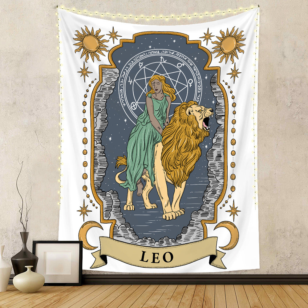 Sacred Moon Candle Co Leo zodiac tapestry wall hanging in a modern living room setting