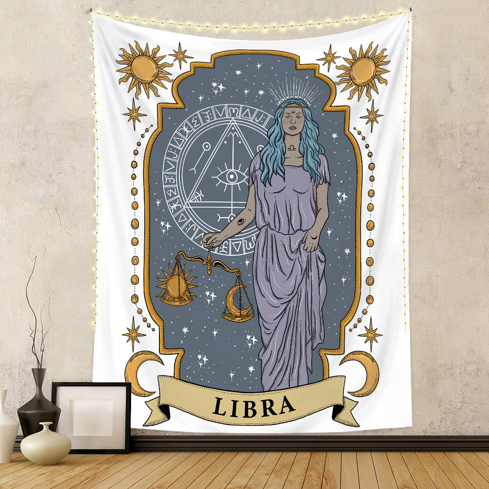 Libra zodiac tapestry wall hanging by Sacred Moon Candle Co featuring celestial design with scales and stars