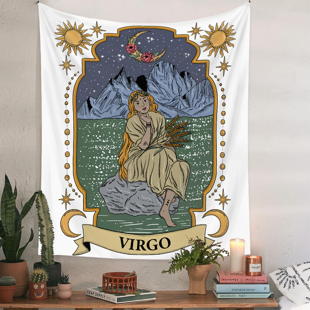Zodiac tapestry wall hanging by Sacred Moon Candle Co featuring Virgo illustration with celestial and mountain design
