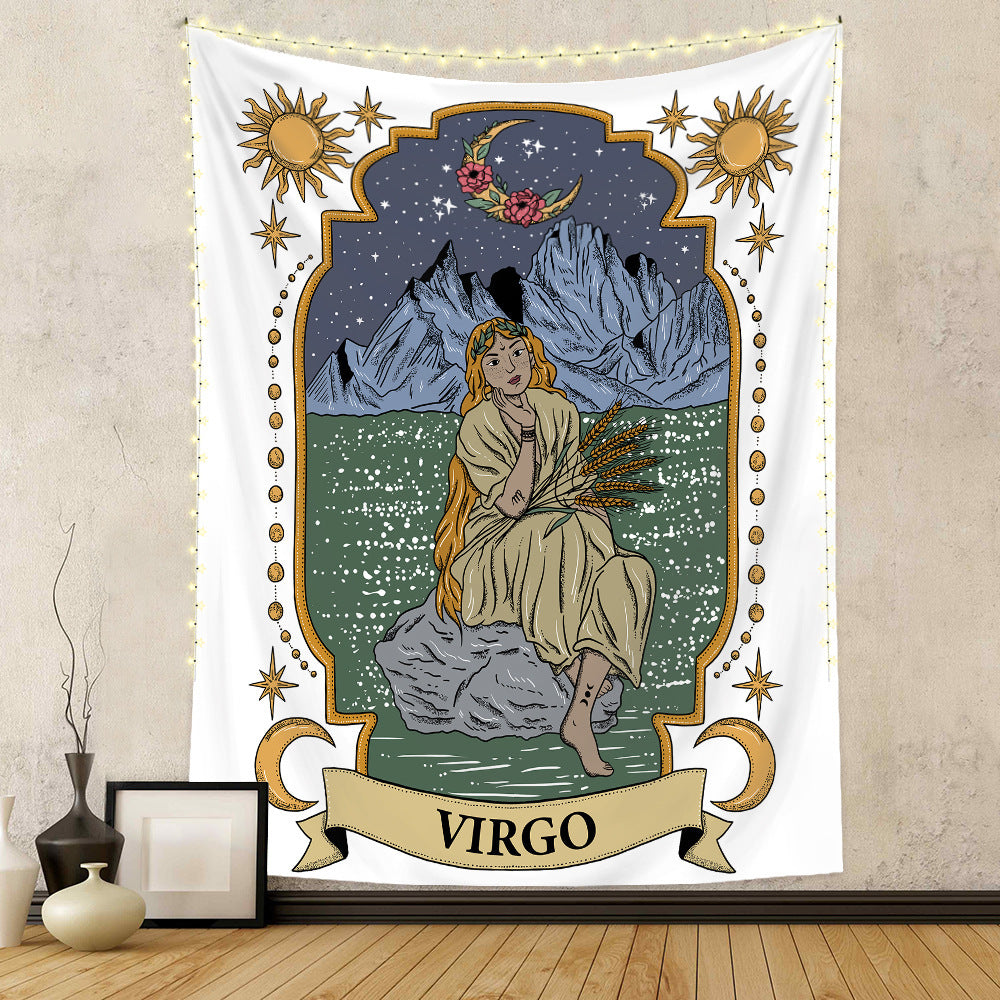 Virgo zodiac tapestry wall hanging with celestial and mountain design from Sacred Moon Candle Co
